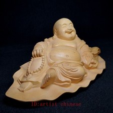 5.6 Inch Chinese Boxwood Hand carved Happy Maitreya Buddha Statue Collection