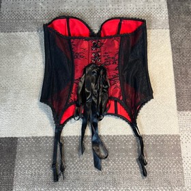 Adore Me Corset Bustier XL Red Black Lace Floral Garter Straps Lingerie Top