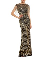 Mac Duggal Black Gold Beaded Sequin Fringe Gown Size 10 $698