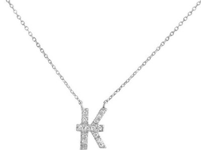 ESTATE .04CT DIAMOND 18KT WHITE GOLD 3D CLASSIC K INITIAL 18'' FUN LOVE NECKLACE
