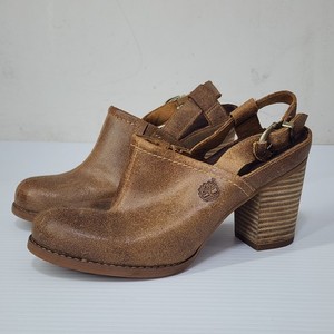 Timberland Womens 5.5 Brown Leather Earthkeepers Rudston High Heel Clogs Mules