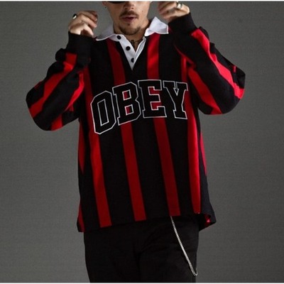 Obey Stripe Landon Black Red Long Sleeve Polo Shirt Mens Size S