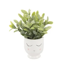3" Tabletop Artificial Faux Tea Leaf Plant in Ceramic Shy Girl Pot, White