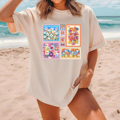 Whimsical Flower Postage Stamp Comfort Tee Shirt Unique Design Gift