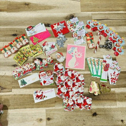 Vintage Lot of Christmas Stickers Gift Tags Labels Stamps Mixed Santa Retro