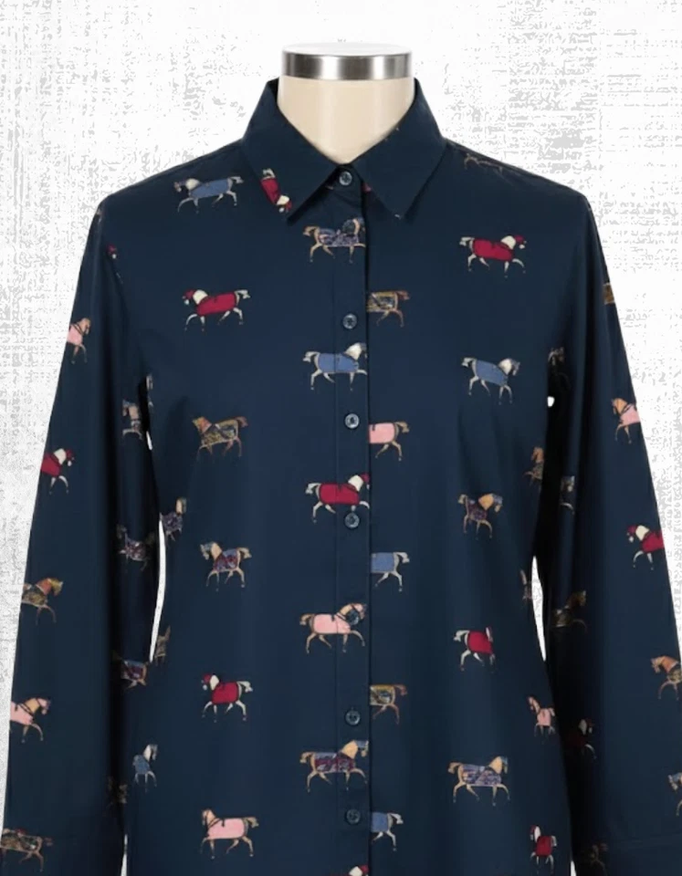 Women's Cotton Shirt Long Sleeve Amilla Collared Navy Horses Size 18 - Image 4 of 4