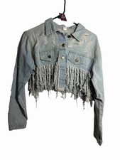 womens light blue long sleeve cropped jean jacket distressed size XL extra large