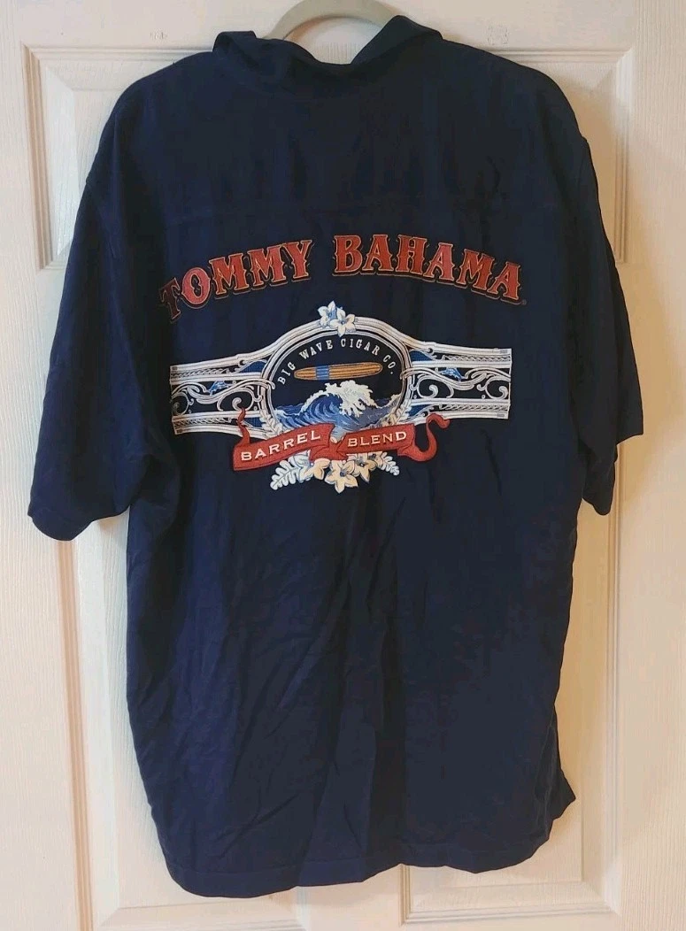 Tommy Bahama L Blue Silk Barrel Blend Big Wave Cigar Embroidered Button Shirt