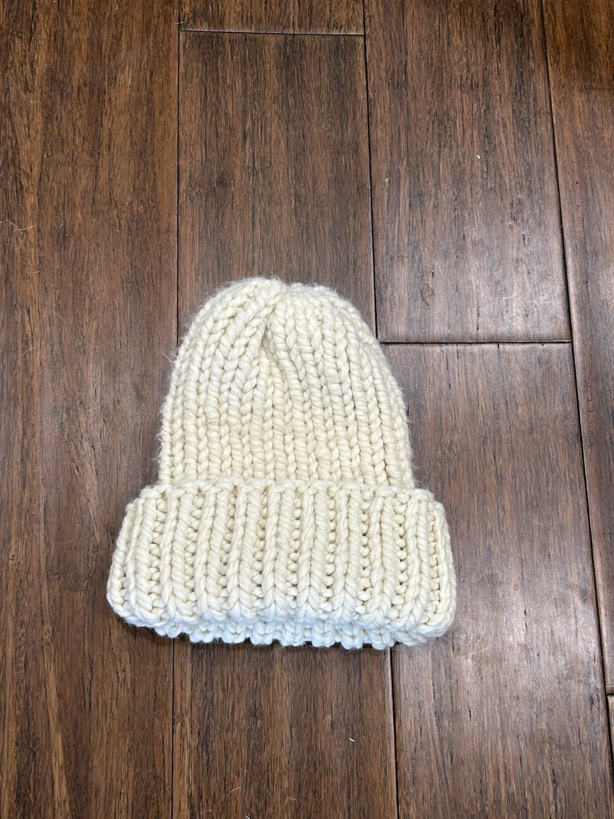 Kids Rib Knit Fisherman White Wool Blend Chunky Handmade Beanie 11”NEW