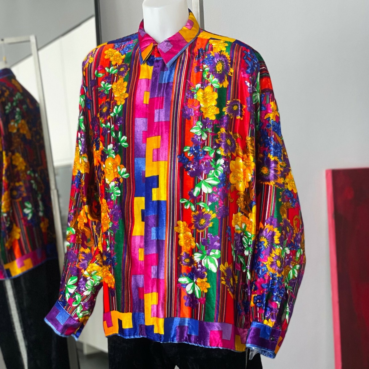 GIANNI VERSACE silk velvet shirt Stripes and Flowers size IT