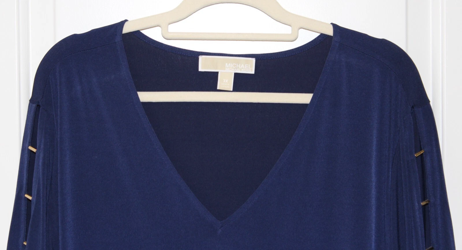 Abito donna Michael Kors 3X scollo a V tono oro ferramenta su maniche blu navy