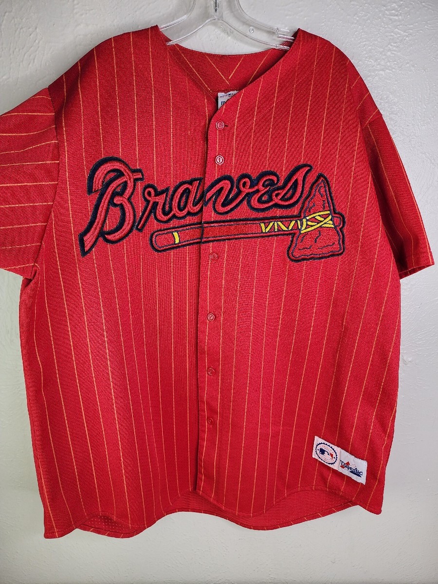 Vintage Majestic Atlanta Braves Pin Stripe Red Jersey Buttons Logo USA Mens  XXL?