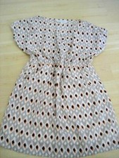 New Sz S CRISS CROSS BRAND Beige Taupe Print SILKY SUN DRESS Ruched Boho Mini