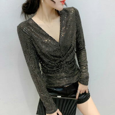 Lady Sequin Shirt Tops Blouse Party Clubwear Disco Shiny Glitter Slim Tops Frill