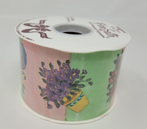 NEW Berwick Flora-Satin Painted Flower Pots Floral Craft Ribbon 2-3/4" x 50 YDS - Picture 2 of 4