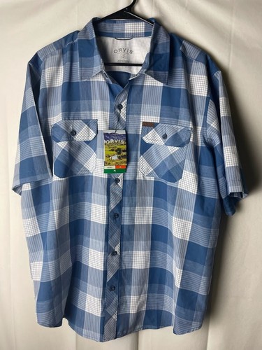 Orvis Men's Short Sleeve Button Down Tech Shirt Blue White Size XL Brand New