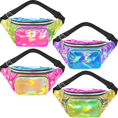 Retro 80s 90s Holographic Neon Fanny Pack, 2 Front Pockets & 1 Secure pocket