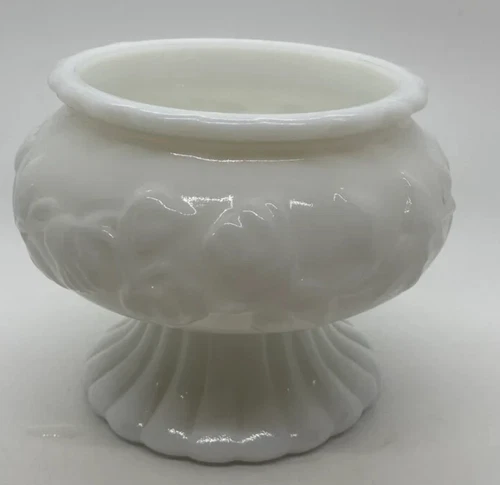 Vintage White Milk Glass Pedestal Planter Bowl Floral Vines Motif (Excellent)