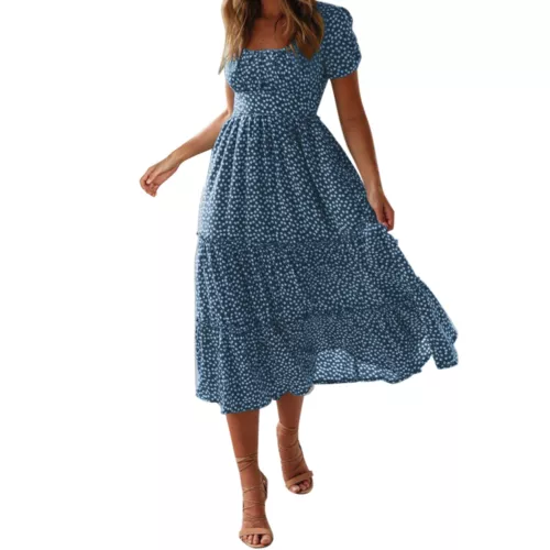 Womens Boho Short Sleeve Summer Print Dress Ladies Beach Casual Midi Sundresses - Picture 7 of 8