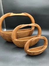 SET OF 3 Vintage Handmade Carved Wooden Folk Art Baskets Kissing Swan Pair