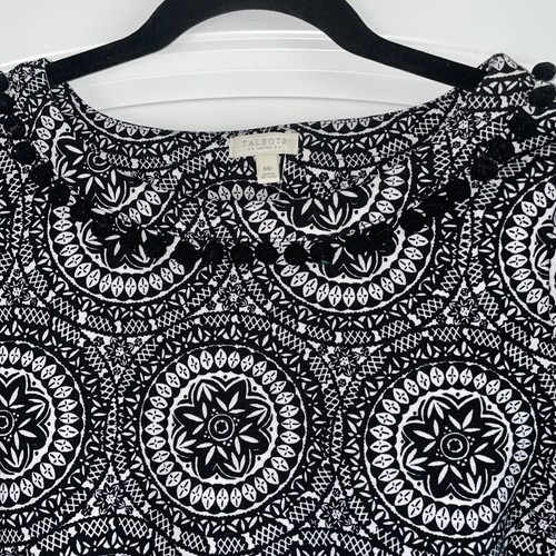 Talbots Black & White Dress with Pom Poms Medallion Floral Womens Sz M Petites - Picture 3 of 6
