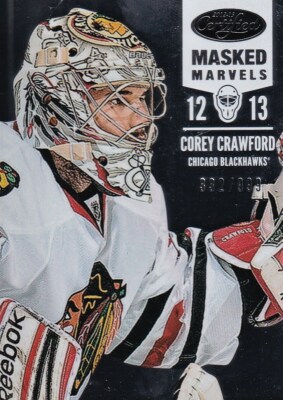 12-13 PANINI CERTIFIED MASKED MARVELS COREY CRAWFORD /999 #117 BLACKHAWKS