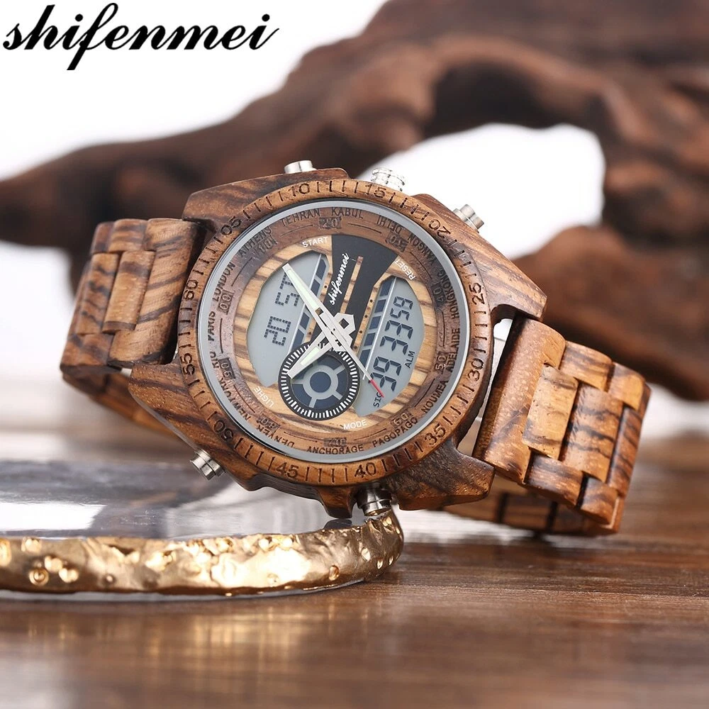 Reloj De Pulsera Cuarzo Digital Madera Para Hombre Deportivo Militar Lujo  Casual