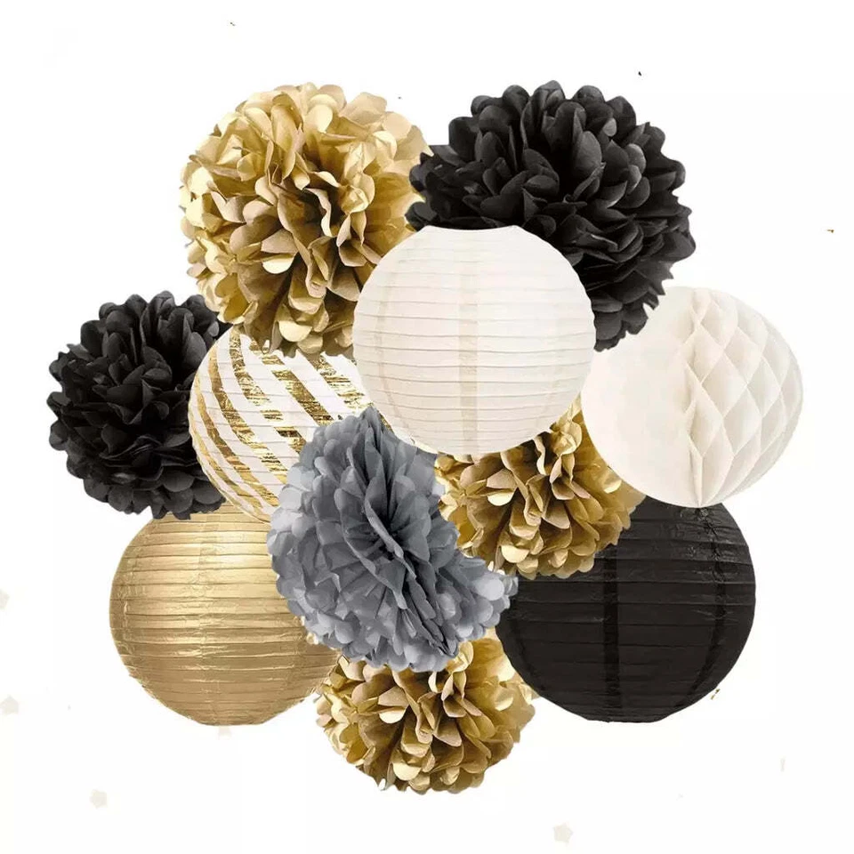 Black & Gold Paper Pom Poms and Lanterns 11pk Birthday Wedding Party Decorations - Image 2 of 2
