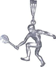 Sterling Silver Tennis Player Charm Pendant Necklace with Diamond Cut Finish