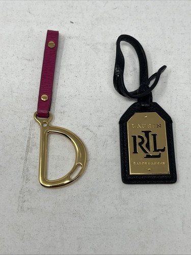 2 Ralph Lauren Gold Tone Metal Embossed Hang Tag, Charm Key,Black Leather & Pink