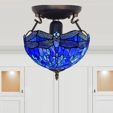 Tiffany 16" blaue Libelle Deckenleuchte - antikes Buntglas UK