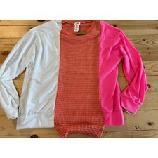 BiBi Colorblock Waffle Knit Top Neon Pink Coral White Long Sleeve M