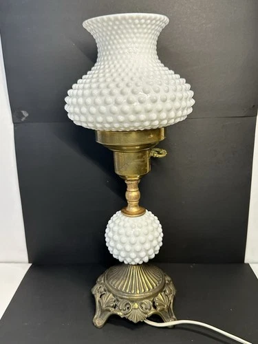 Vintage White Hobnail Milk Glass Small Lamp w/Hobnail Shade & Ornate Base 13.5"