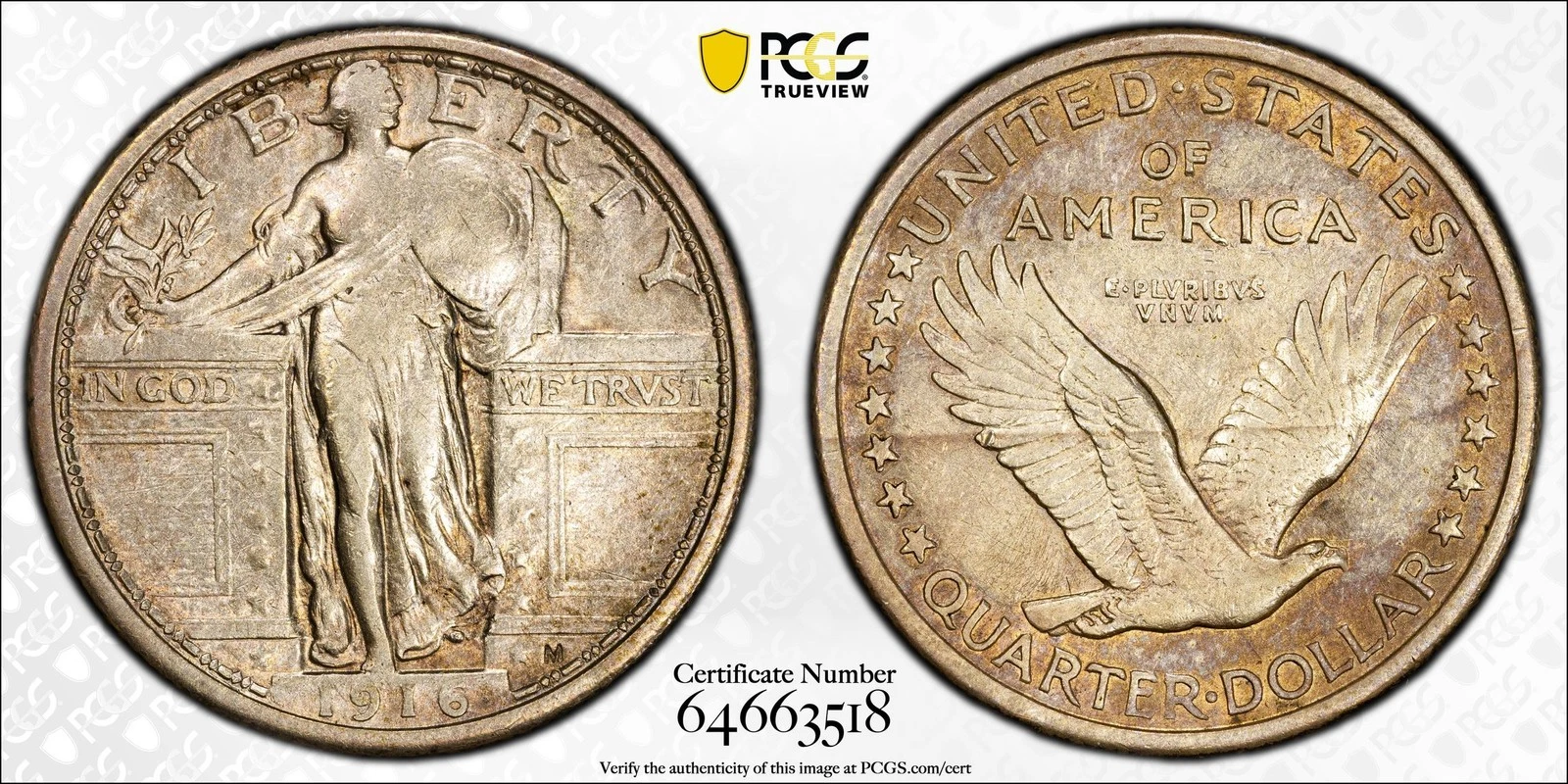 1916 Standing Liberty Silver Quarter 25C PCGS XF 40