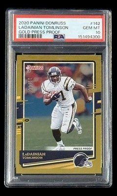 LaDainian Tomlinson 2020 Donruss Press Proof Gold Jersey # 21/50 PSA 10 GEM MINT