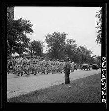 Photo:WWII Soldiers Marching Parade 1940s Military Street Scene