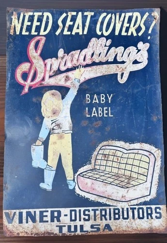 Vintage 1950s GARAGE CAR REPAIR Metal SIGN    VINYL SEAT COVERS ~ Tulsa Ok RARE