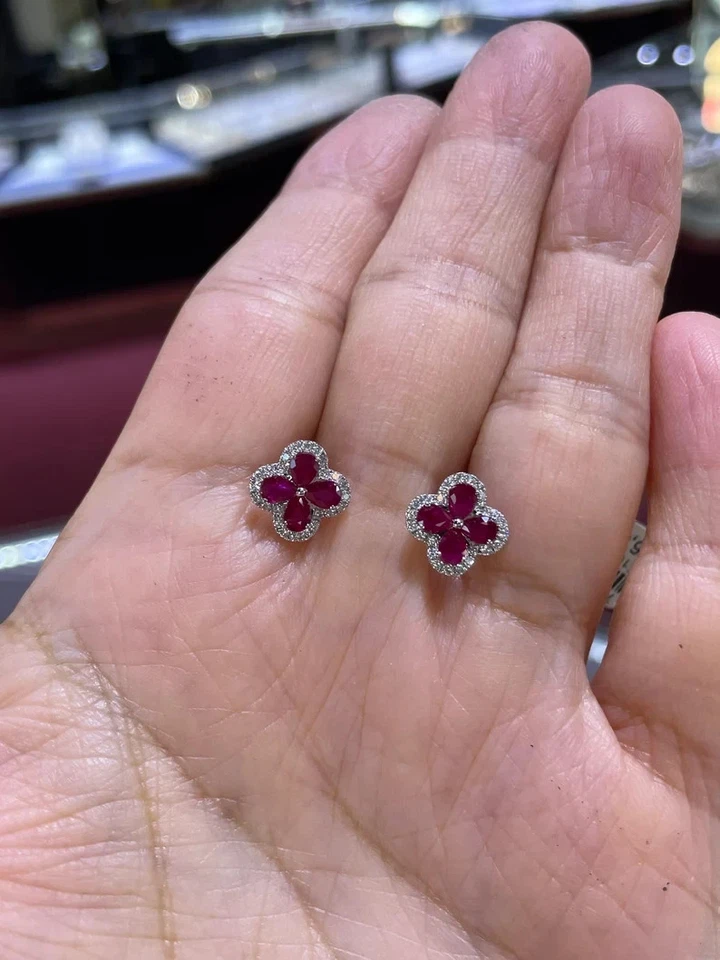1.25Ct Round Cut Lab-Created Red Ruby Flower Stud Earrings 14K White Gold Plated - Image 4 of 4