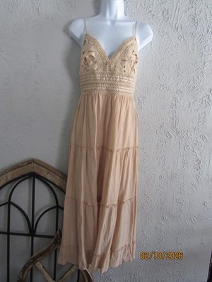Love Tree nwt L latte midi dress crochet triangle top lined tiered ruffle skirt