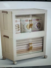 2 Tier Plastic Stackable/Collapsible Storage Bins W/ Wheels & Doors.