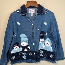 VTG Tantrums Snowman Denim Jacket Petite XL 90's Grandma Artsy Cute Christmas