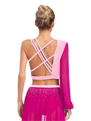 Womens Dancewear Contemporary Tops Rhinestone Crop Top Sparkly Long Sleeve Gym - Imagen 19 de 65