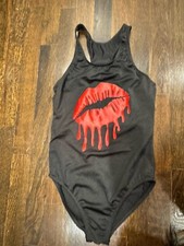 New Tags Random Hearts Red Drippy Black Lips Strappy Back Swimsuit Girls Sz 16