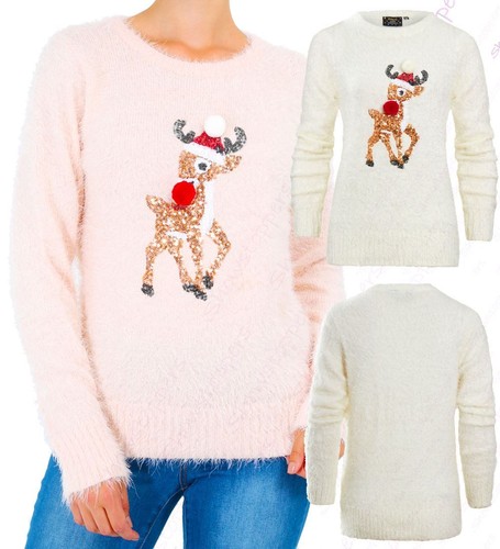 Womens Christmas Jumper Sequin Deer 