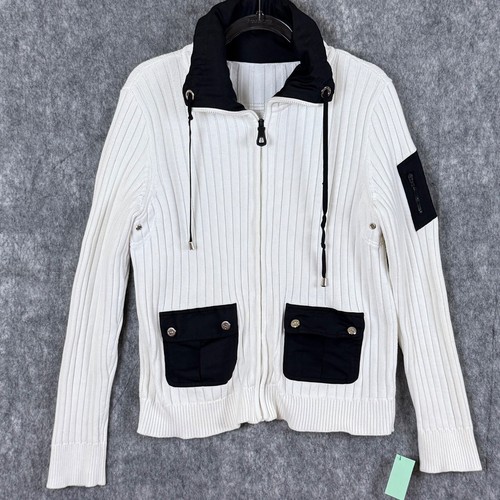Ralph Lauren Womens Active Cardigan Sweater Zip Ribbed Pockets Blk White Fits L