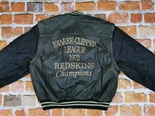REDSKINS Vintage Giacca IN Pelle Gilet Yankee Clipper League 1972 Verde Tg. : L