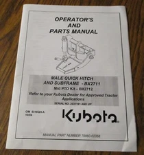 Kubota BX2711 Male Quick Hitch & Subframe Operators Owners Parts Manual Tractor