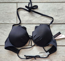 Victoria's Secret Swim Bikini Top Sz. 32D Push Up Tie Ruffle Underwire Black NWT