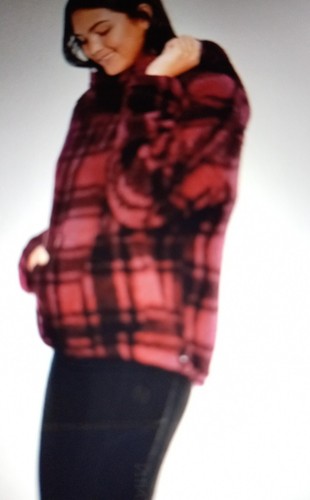 Victorias Secret PINK Fleece Sherpa M Pullover Funnel Hoodie Jacket Red Plaid - Picture 6 of 9