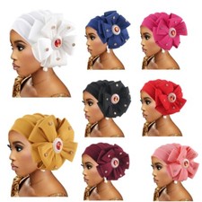 Lndia Muslim Eid Women Auto Gele Turban Hijab Hat Bowknot Bonnet Hat Pleated Cap